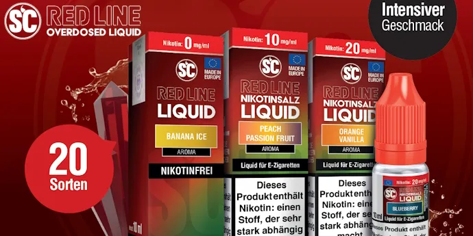Die meistverkaufe Liquid-Serie in unserem Shop kommt aus dem Hause SC und nennt sich Red Line. Diese überzeugt mit 20 Geschmacksrichtungen.
