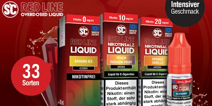 Die meistverkaufe Liquid-Serie in unserem Shop kommt aus dem Hause SC und nennt sich Red Line. Diese überzeugt mit 20 Geschmacksrichtungen.